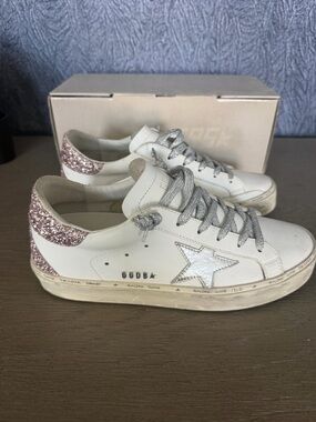 Golden Goose White Leather Sneakers with Silver Star W/Rose Glitter Heel Tab